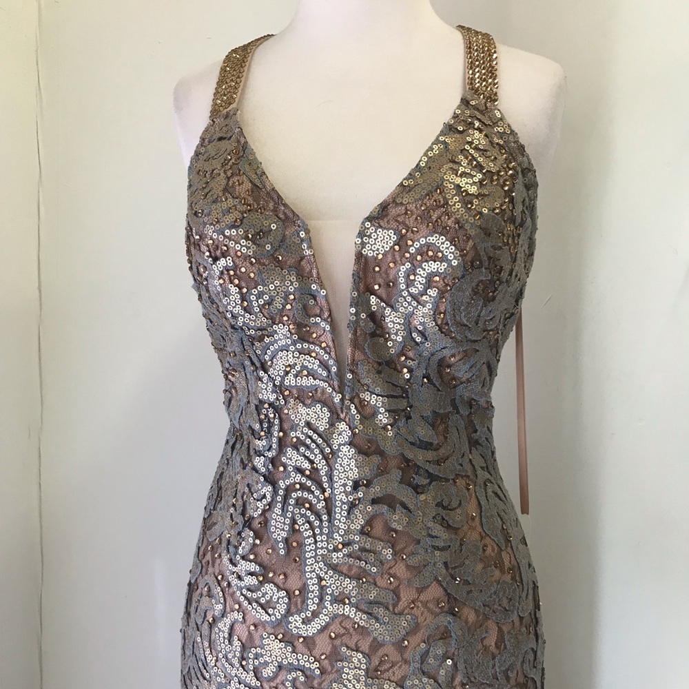 Jovani Project Runway Bronze Sequin Crystal Lace Formal Prom Gown - Picture 10 of 11